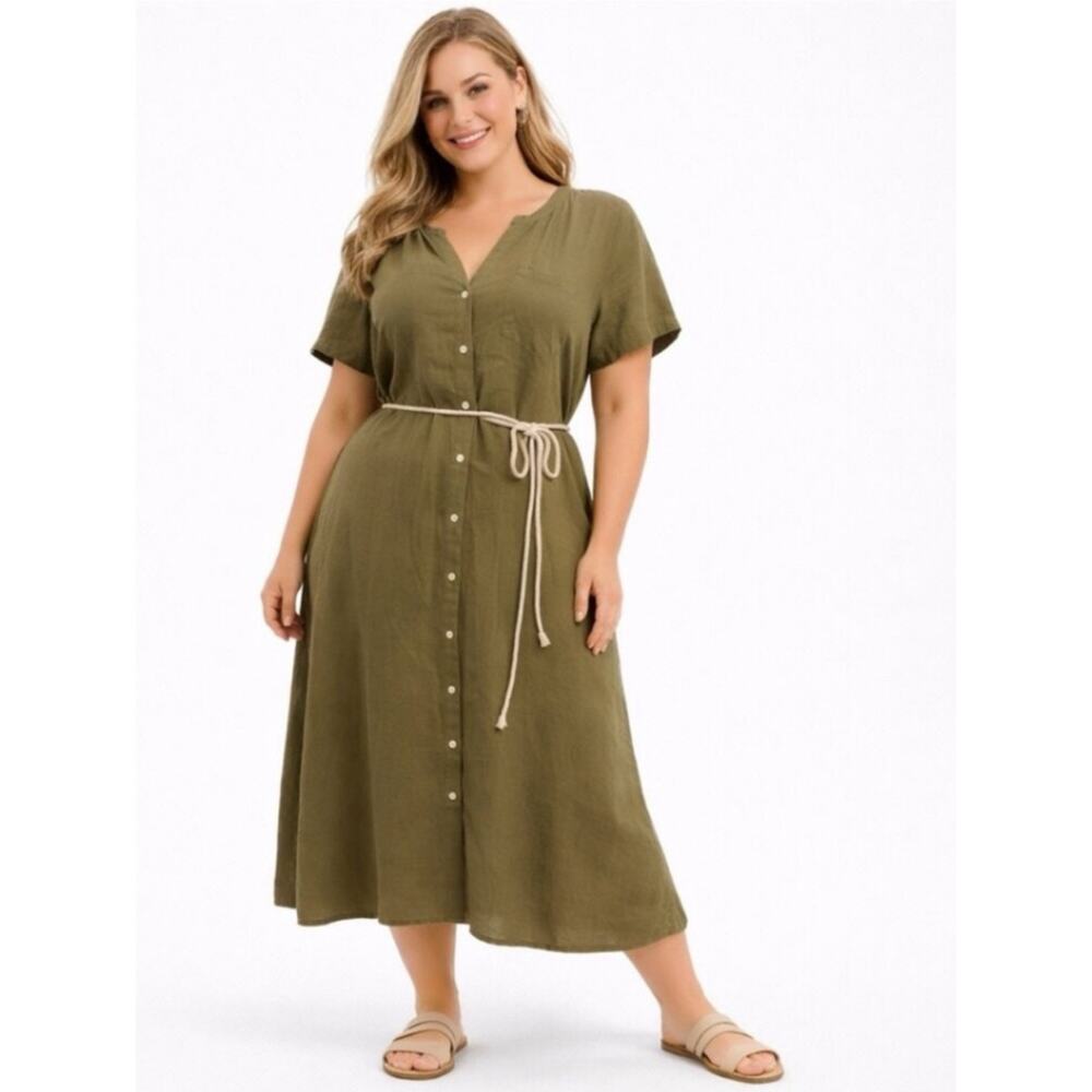 Talbots 100% Linen Olive Green Button Front Midi Shirtdress Waist Tie Size 22W